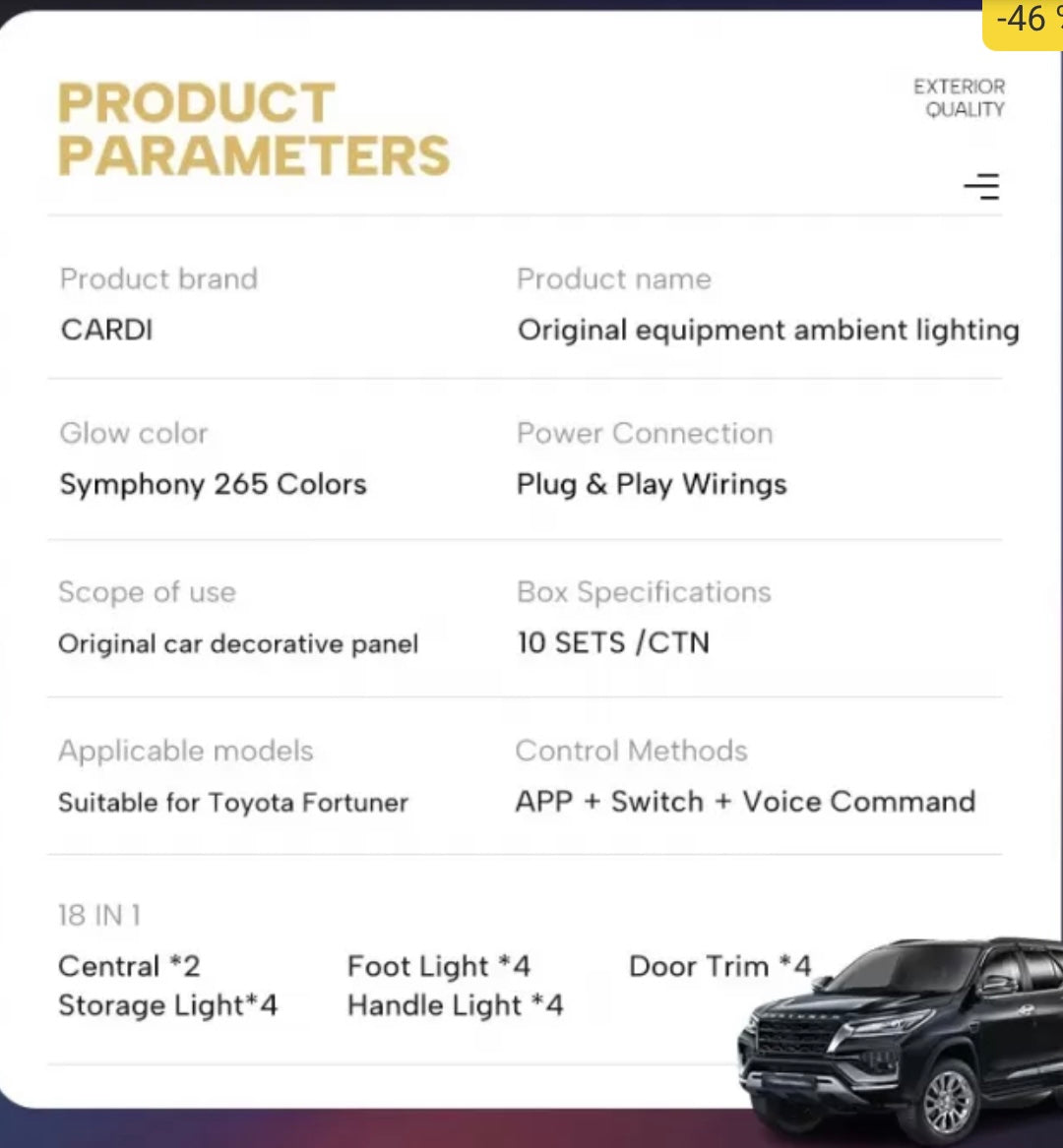 CARDI K4 Toyota Fortuner 2016 Onwards OEM Type Ambient Atmosphere Interior LED Lights- 18 Pieces (BLACK)