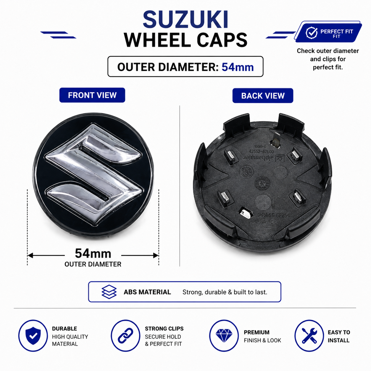 Suzuki Wheel Center Caps | Black and Silver Aftermarket Replacement Set