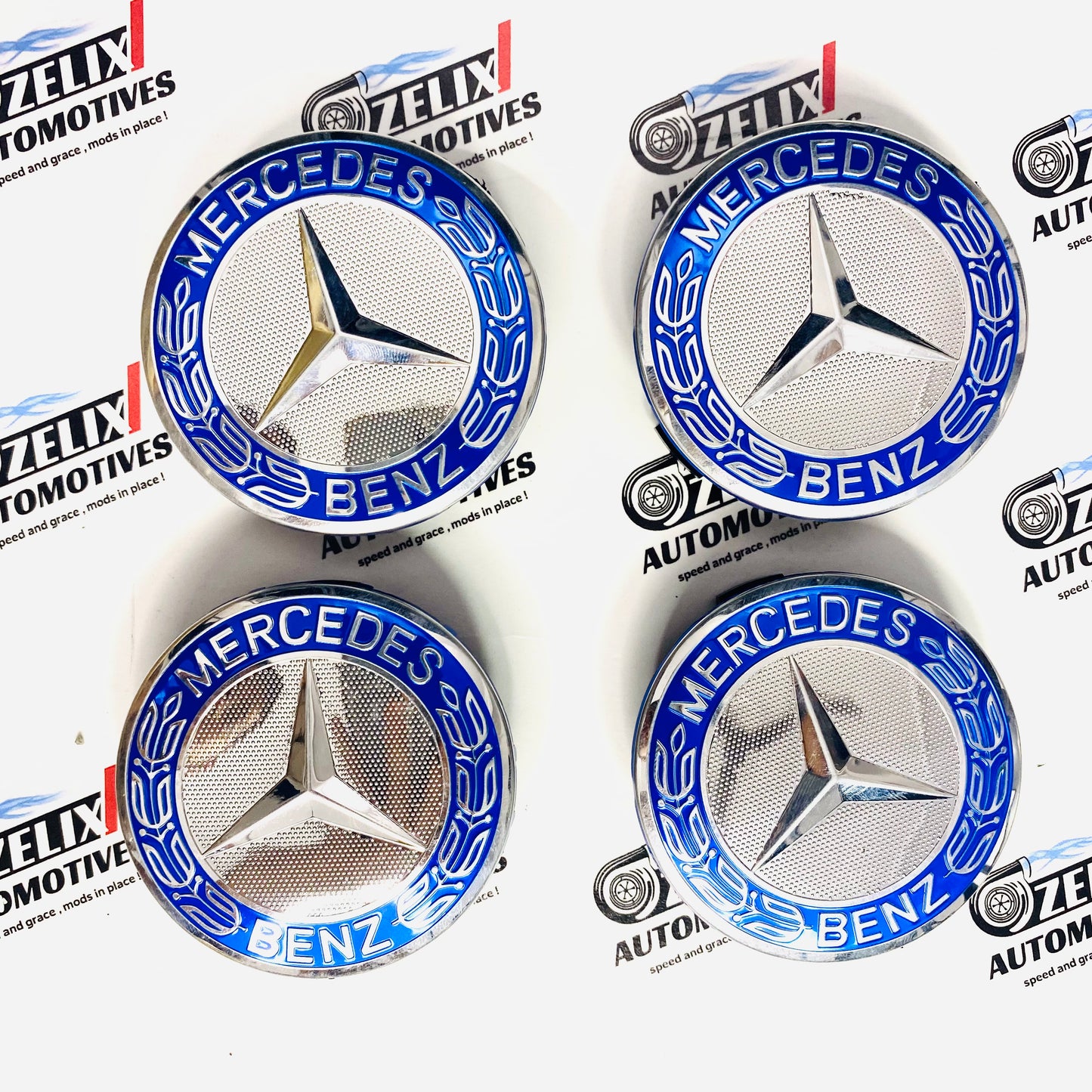Mercedes-Benz Wheel Center Caps – Black, Blue & Light Blue (Set of 4)