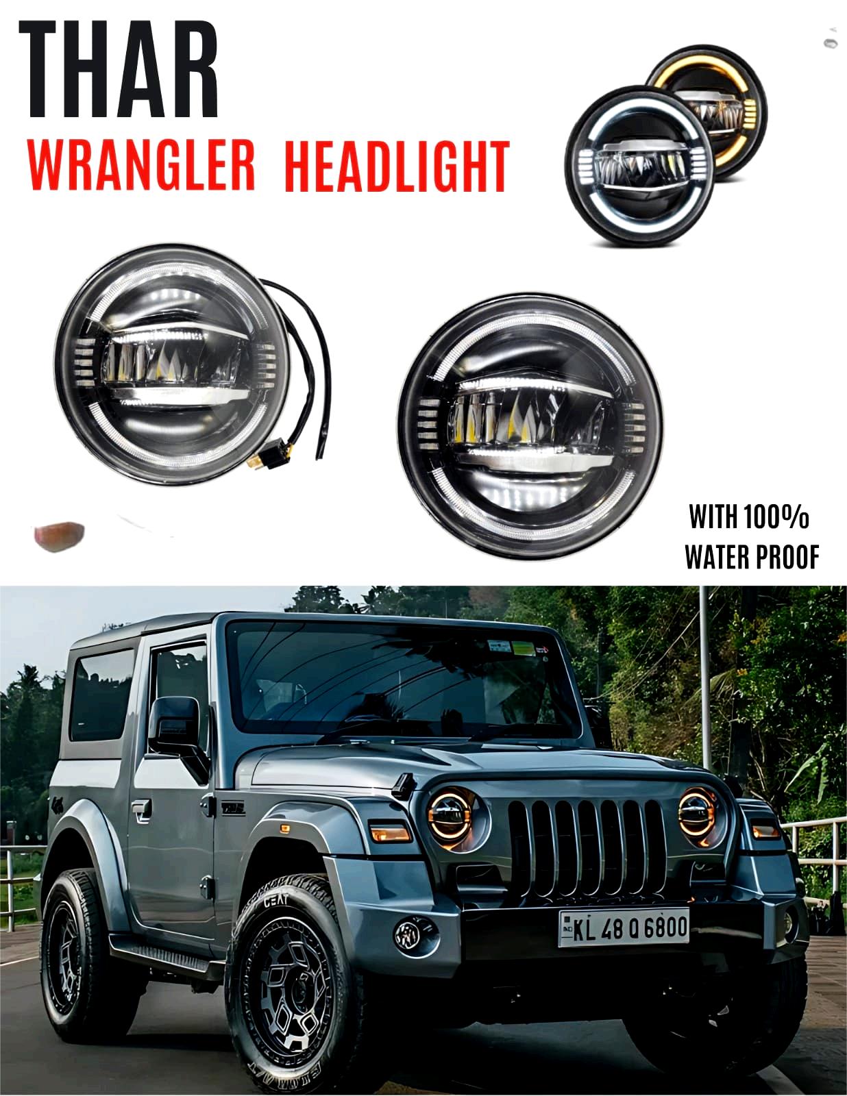 Wrangler-Styled LED Headlight Kit with DRL for Mahindra Thar (2020+) - Aftermarket LED (210W)