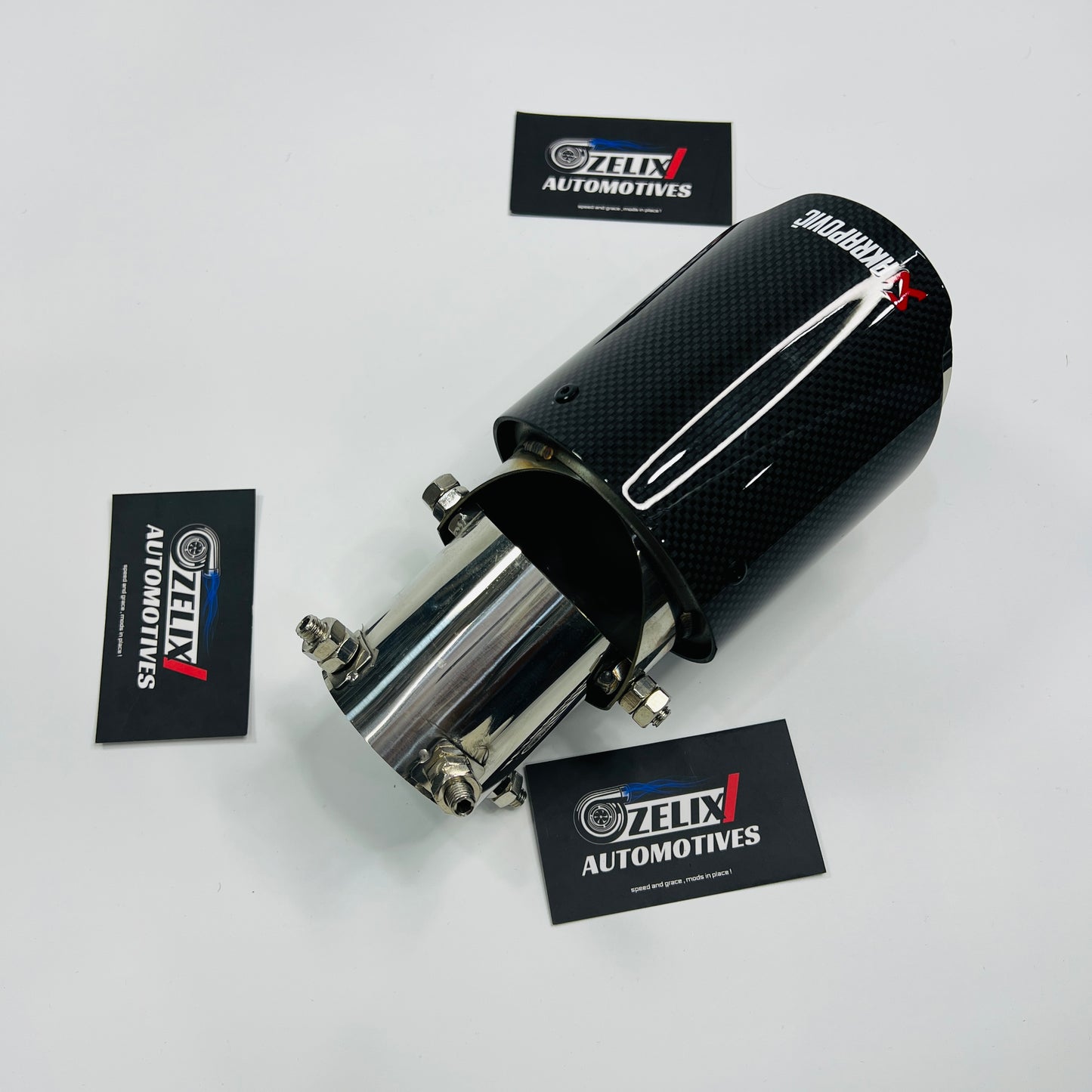 Top-down view of Akrapovic angle-adjustable exhaust tip