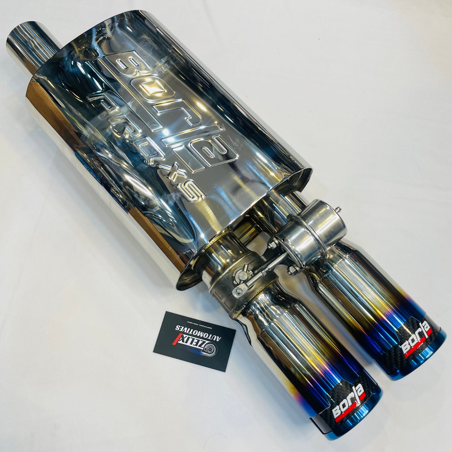 Front view of Borla Valvetronic dual-tip exhaust with burnt finish