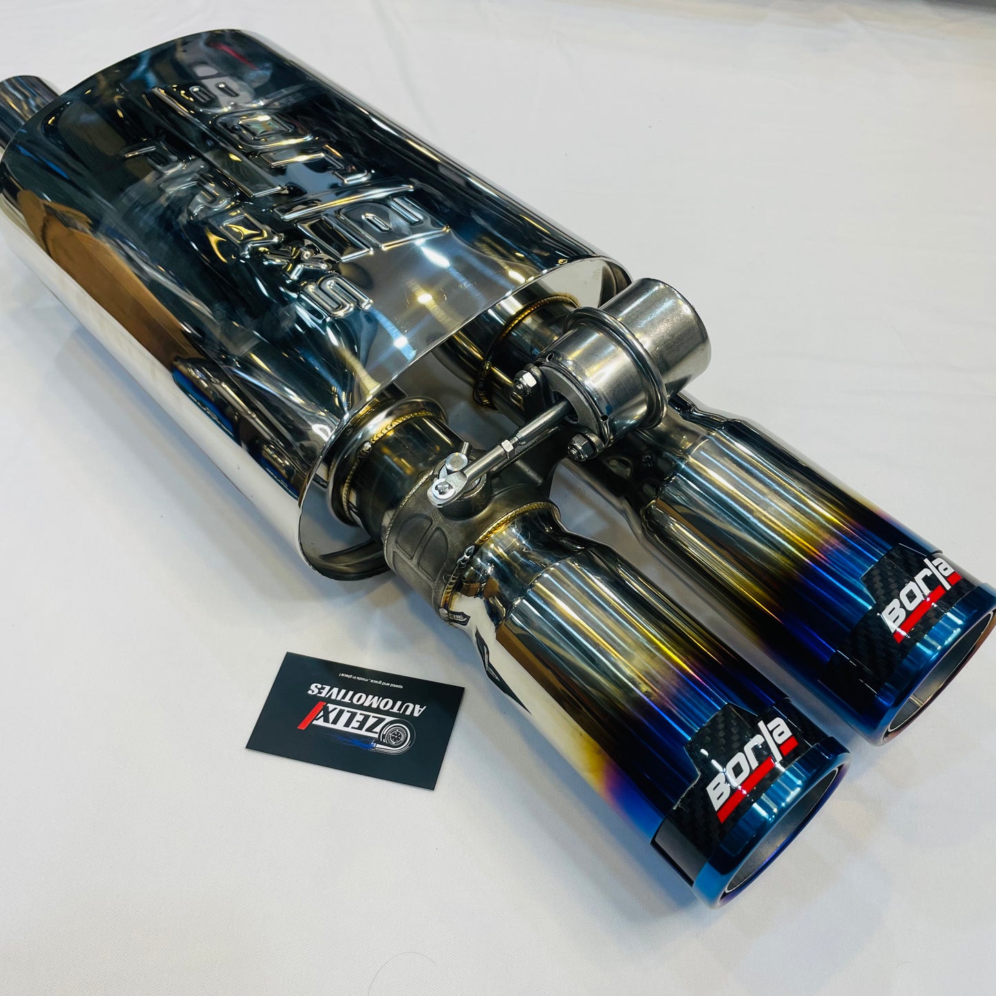 Rear angle showcasing Borla burnt dual exhaust tips
