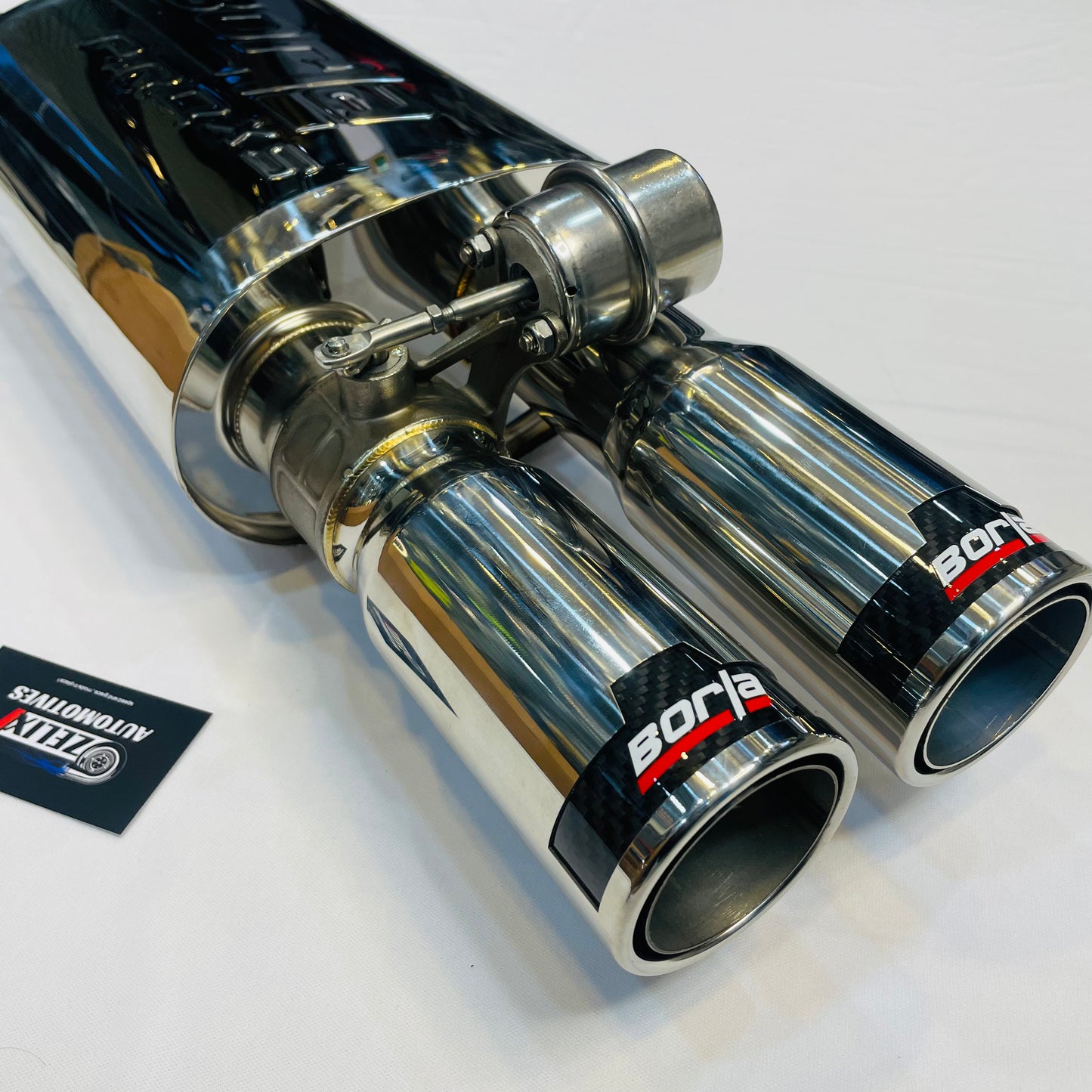 Rear view of Borla Valvetronic carbon dual tips