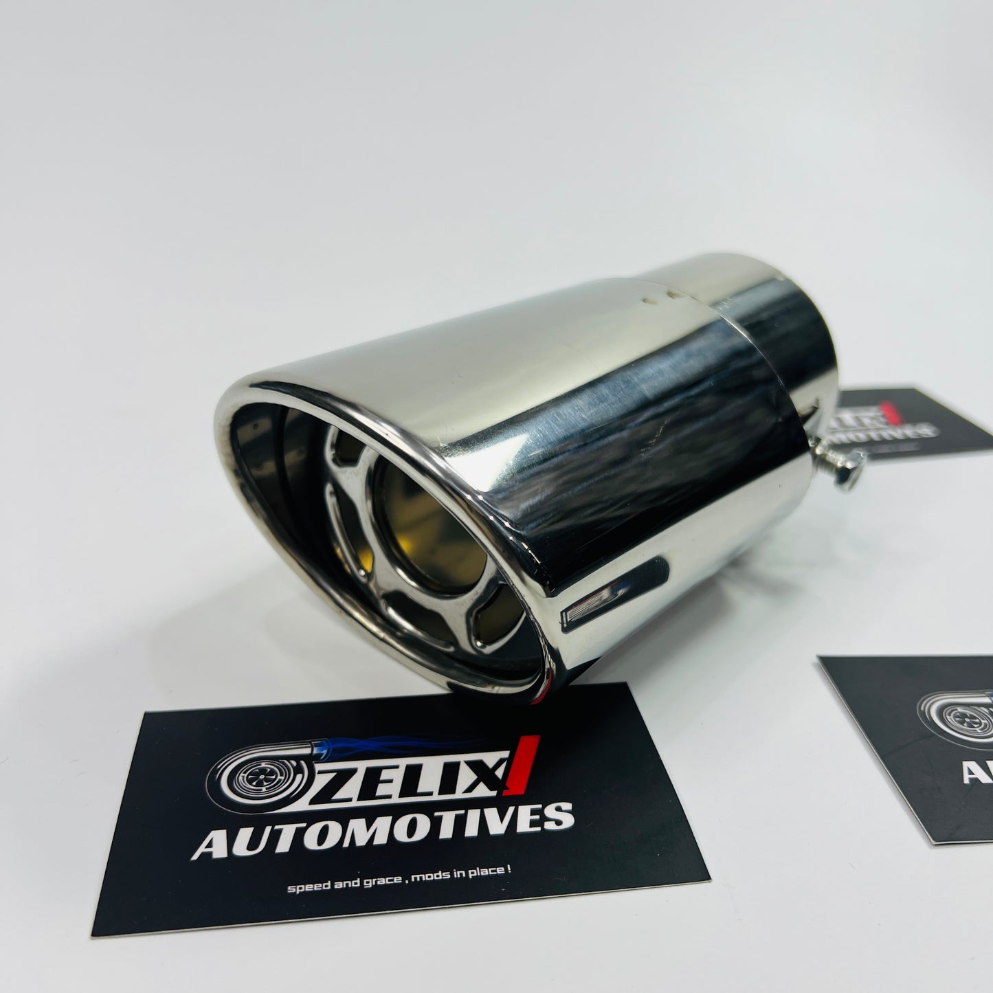 Close-up of chrome HKS single exhaust tip