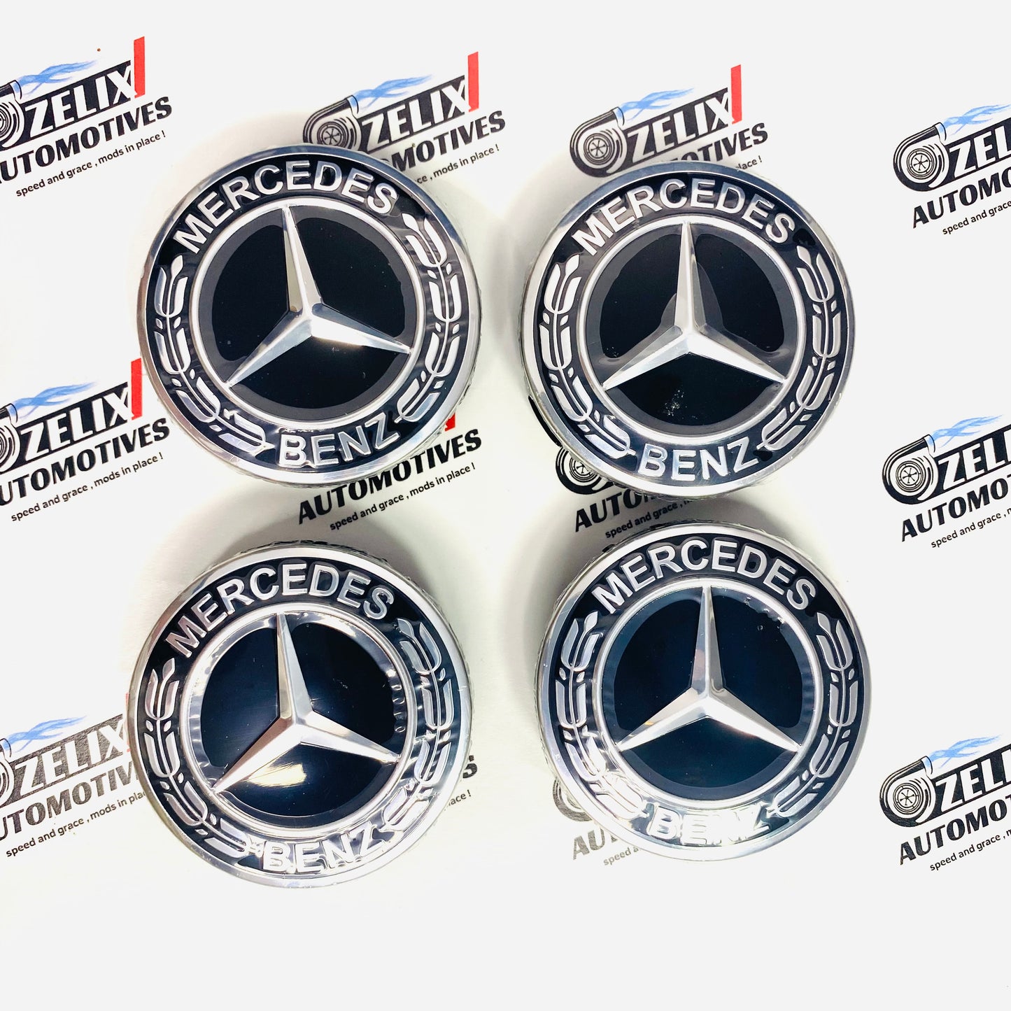 Mercedes-Benz Wheel Center Caps – Black, Blue & Light Blue (Set of 4)