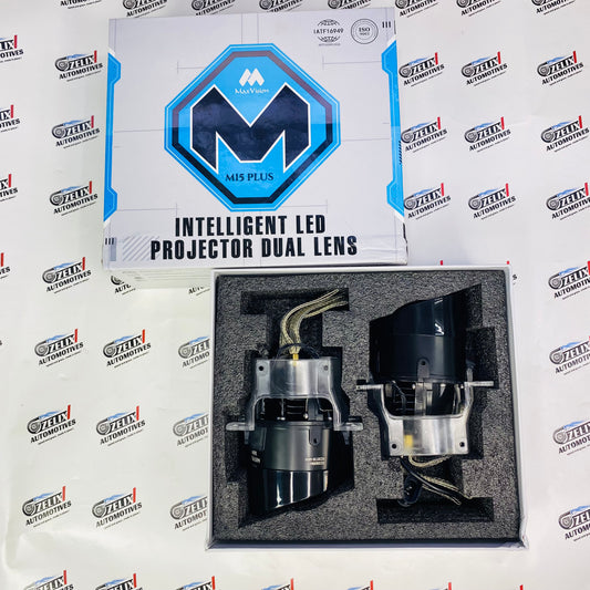 MaxVision M15 Plus Intelligent LED Projector Dual Lens headlight kit with packaging and dual projector units.