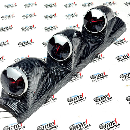 Universal Left-Side 3-in-1 Pillar Gauge Set – RPM, Oil & Water Meters – Carbon Fiber Finish