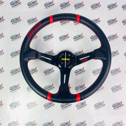 MOMO Drifting Steering Wheel with carbon fiber grip and red color accent
