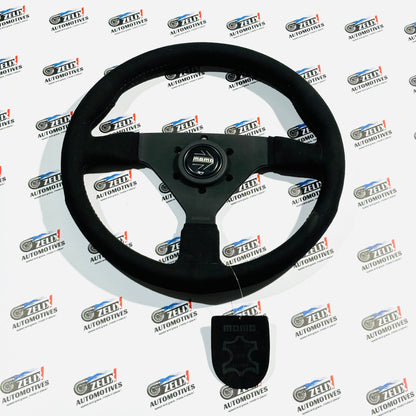 MOMO Full Black Flat Steering Wheel | Leather Finish Design