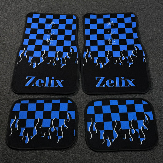Blue Checkered Zelix Car Floor Mats | Checkered pattern with Bold Zelix branding
