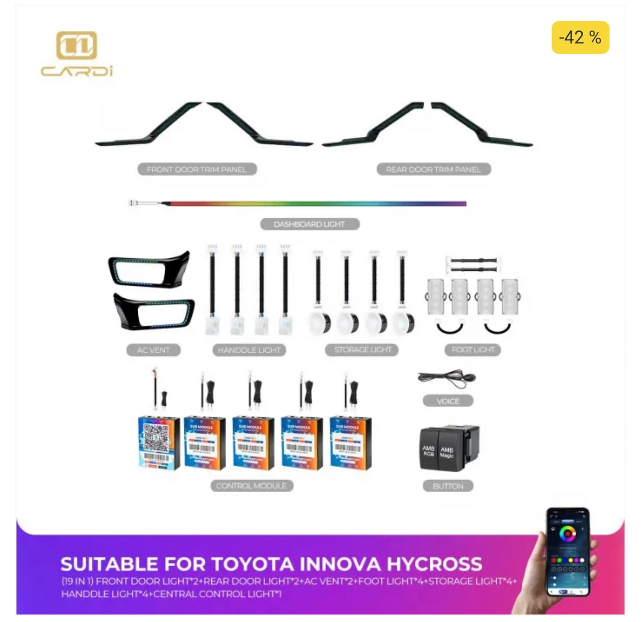 CARDI K4 OEM Ambient Lights For Toyota Innova Hycross 2023 Onwards - 17 Pieces