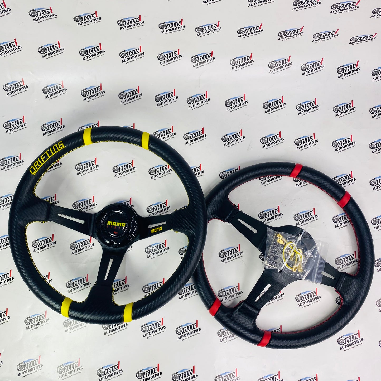 MOMO aftermarket drifting steering wheel with carbon fiber finish 