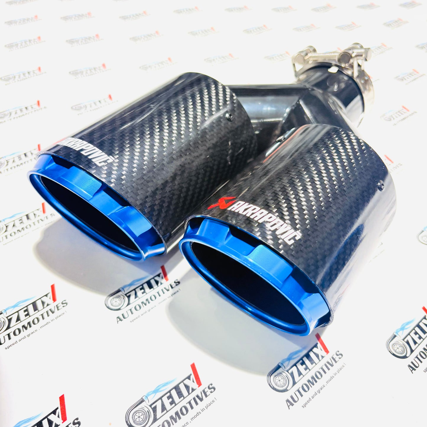 Akrapovic Dual Exhaust Tip | Blue Outlet Design with Carbon Fiber Finish