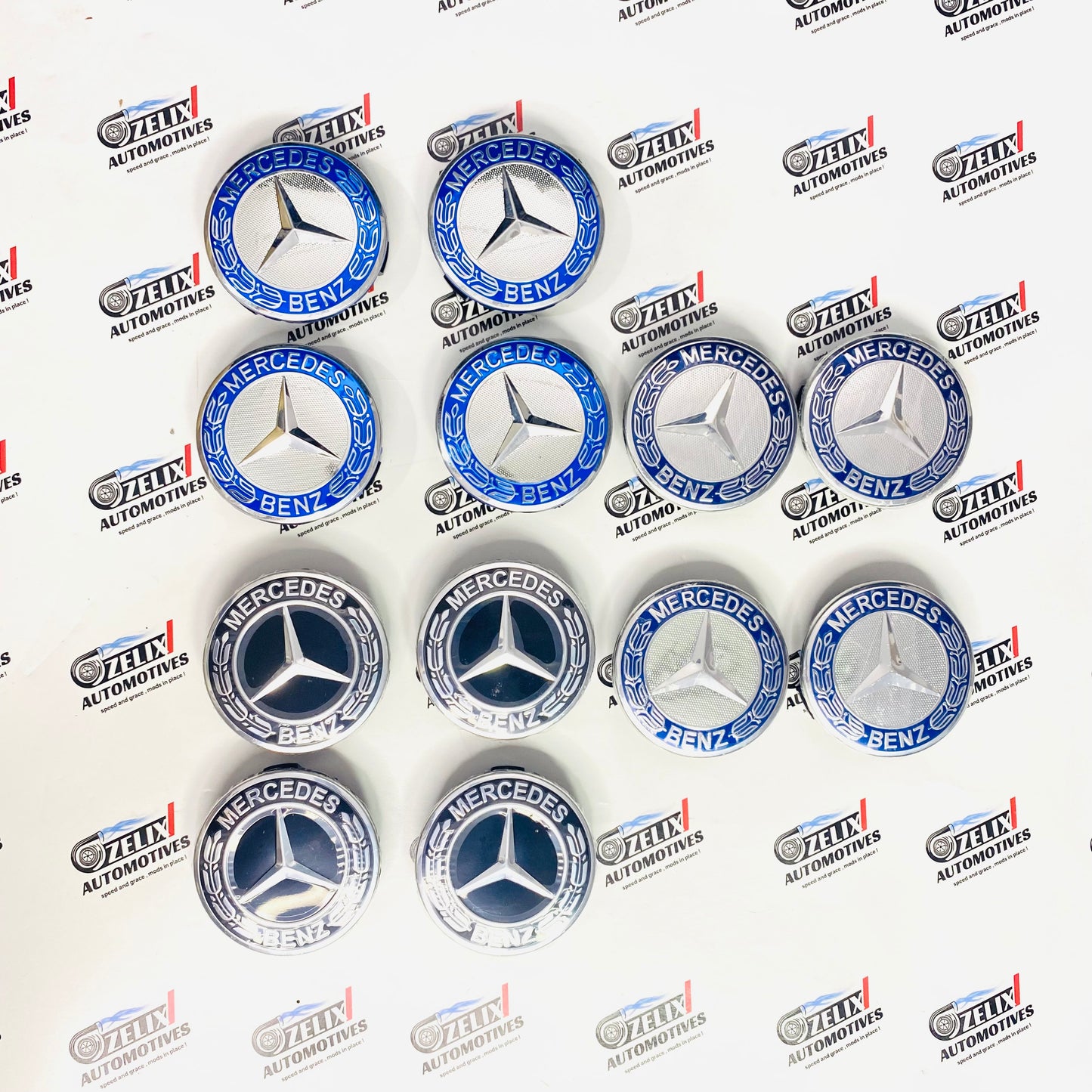Mercedes-Benz Wheel Center Caps – Black, Blue & Light Blue (Set of 4)