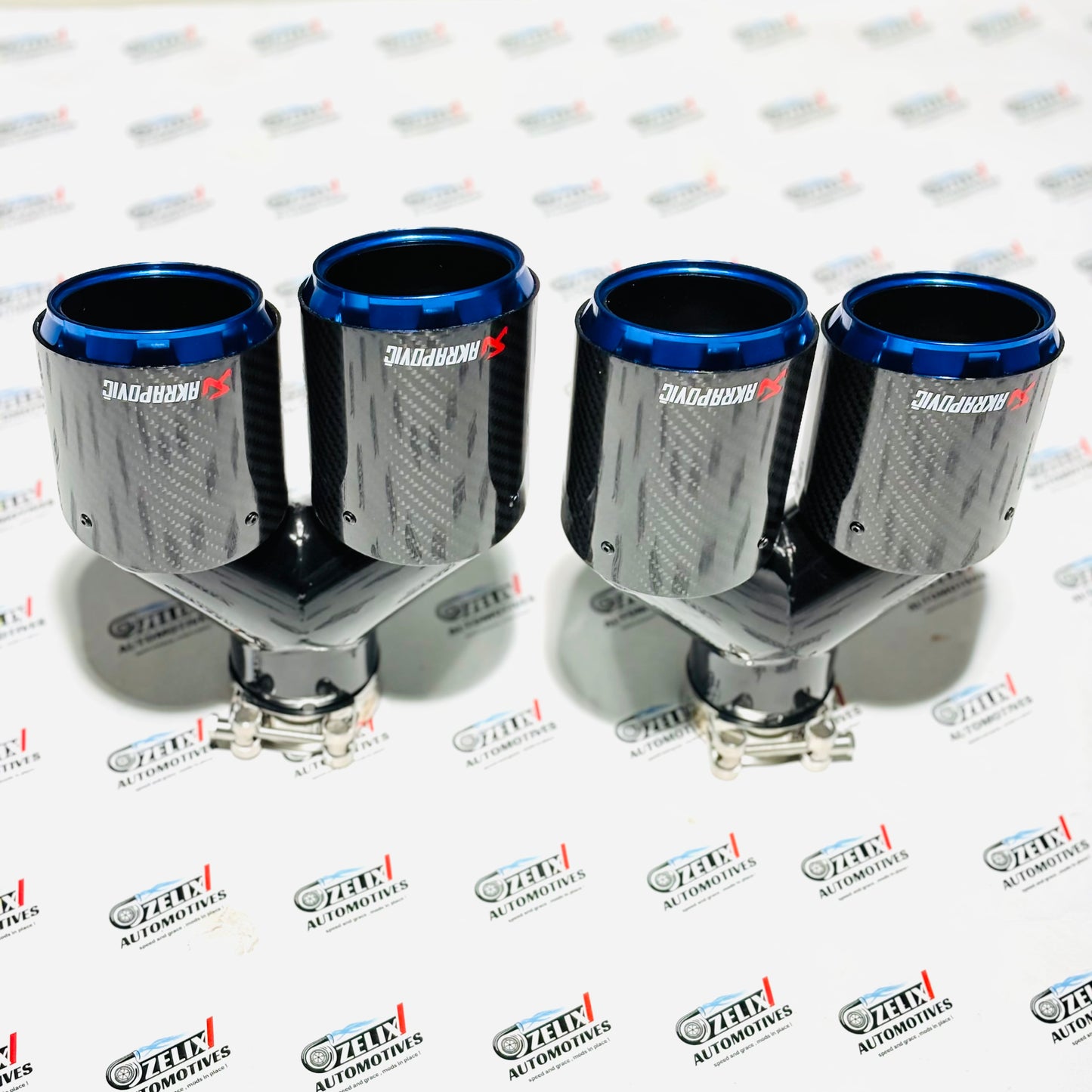 Akrapovic Dual Exhaust Tip | Blue Outlet Design with Carbon Fiber Finish