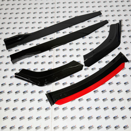 Universal 6 Pc Front Splitters and Side Skirts | Gloss Black with Red Lip