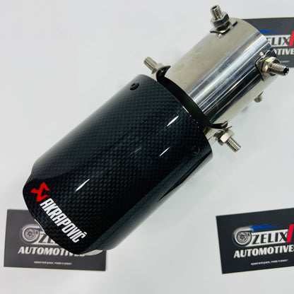 Angle-adjustable single tip with gloss carbon wrap and adjustable clamp shown from a frontal angle.