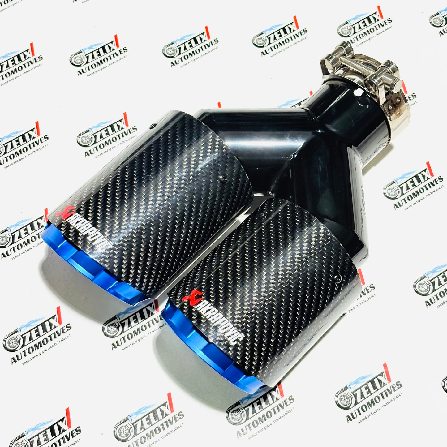 Akrapovic Dual Exhaust Tip | Blue Outlet Design with Carbon Fiber Finish