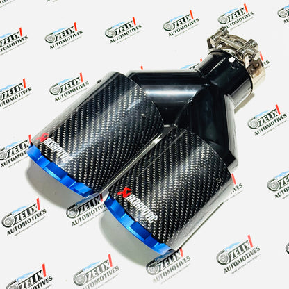 Akrapovic Dual Exhaust Tip | Blue Outlet Design with Carbon Fiber Finish
