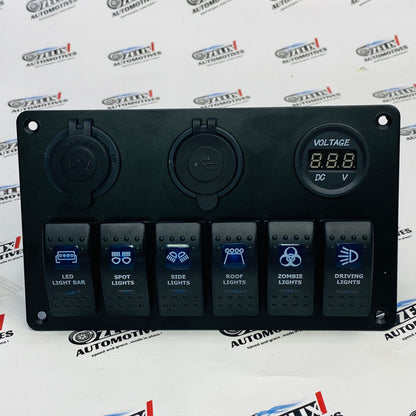 6 gang switch panel with USB, lighter port and voltmeter