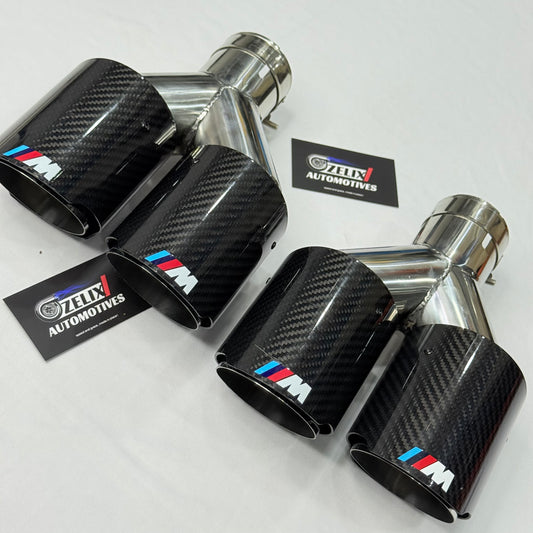 BMW M Performance dual carbon fiber exhaust tip dual outlets, front angle view