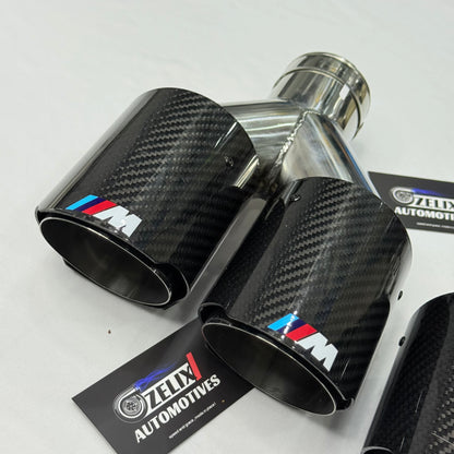 Side profile of BMW M Performance dual-tip carbon fiber exhaust with stainless core