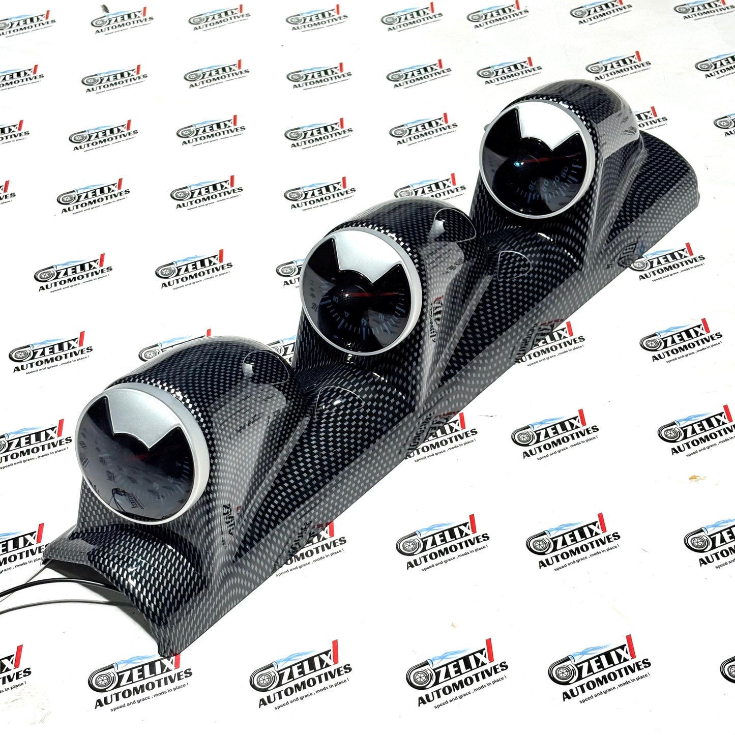 Universal Left-Side 3-in-1 Pillar Gauge Set – RPM, Oil & Water Meters – Carbon Fiber Finish