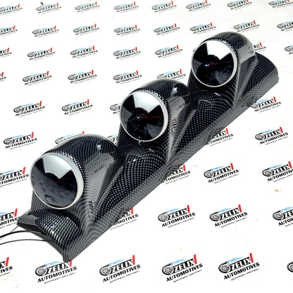 Universal Left-Side 3-in-1 Pillar Gauge Set – RPM, Oil & Water Meters – Carbon Fiber Finish
