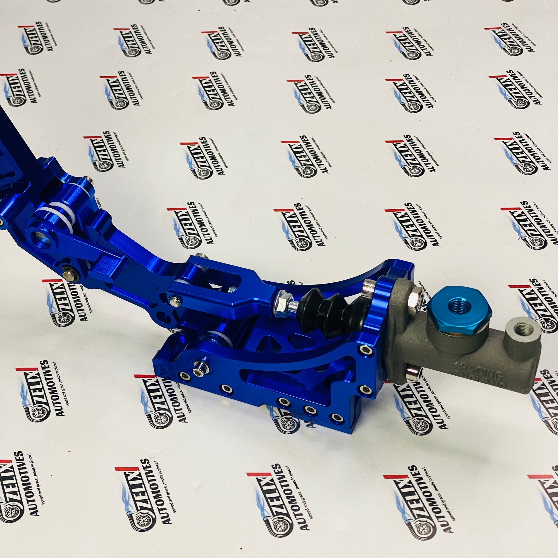 Blue anodized BlueStrike hydraulic handbrake with CNC aluminum cutout vertical handle 