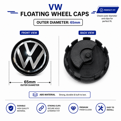 VW Floating Wheel Caps for Virtus,Golf, & Tiguan | Size (65 mm)