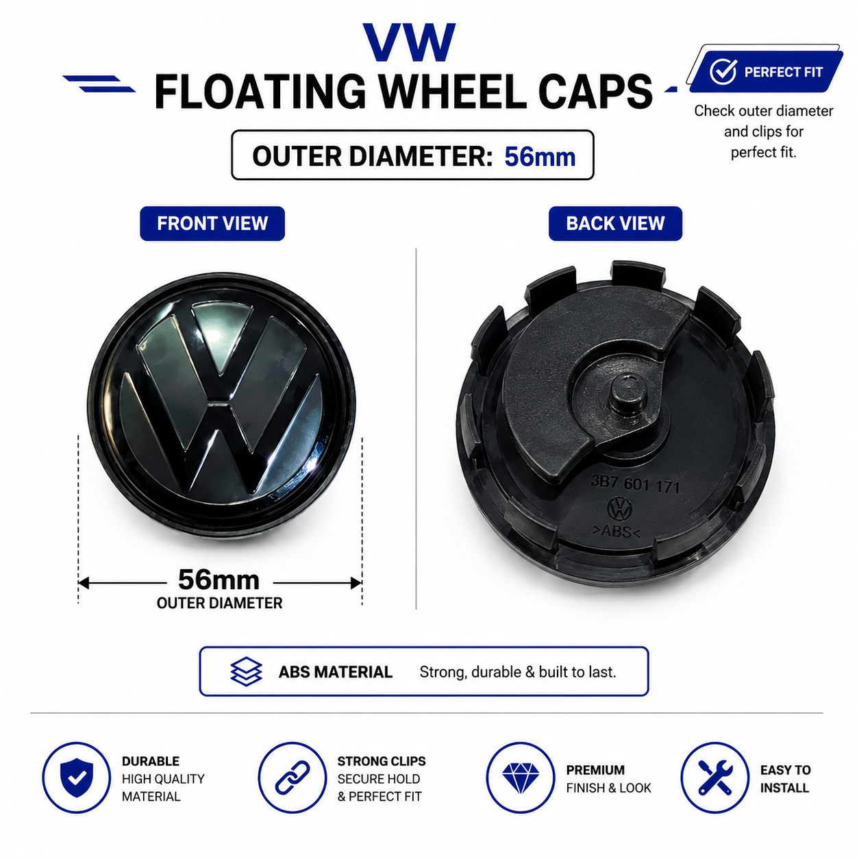 VW Floating Wheel Caps for Polo,Vento,Virtus & More | Size (56 mm)