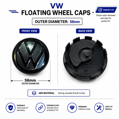 VW Floating Wheel Caps for Polo,Vento,Virtus & More | Size (56 mm)