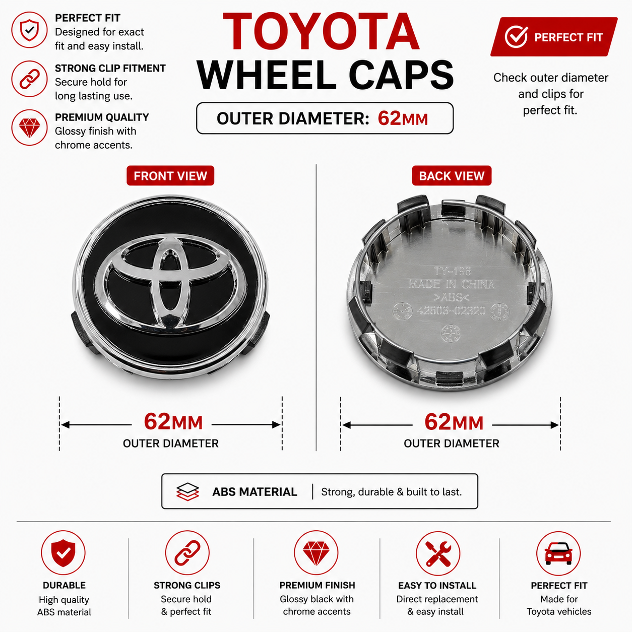 Toyota Wheel Caps Set of 4 | Outer Diameter 62-mm