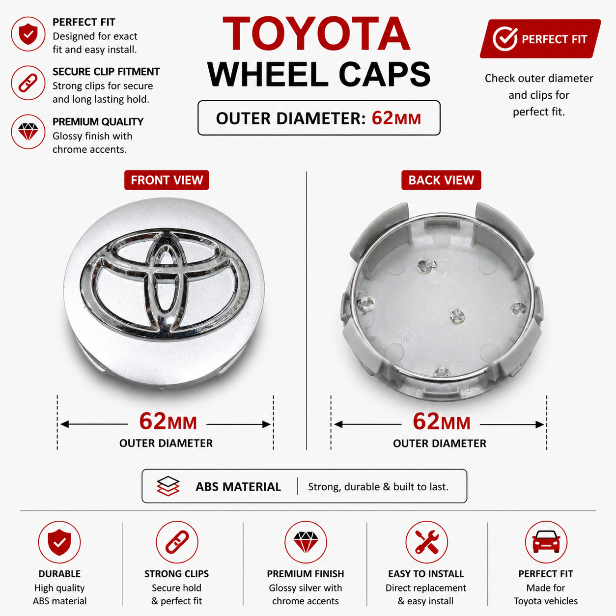 Toyota Wheel Caps Set of 4 | Outer Diameter 62-mm