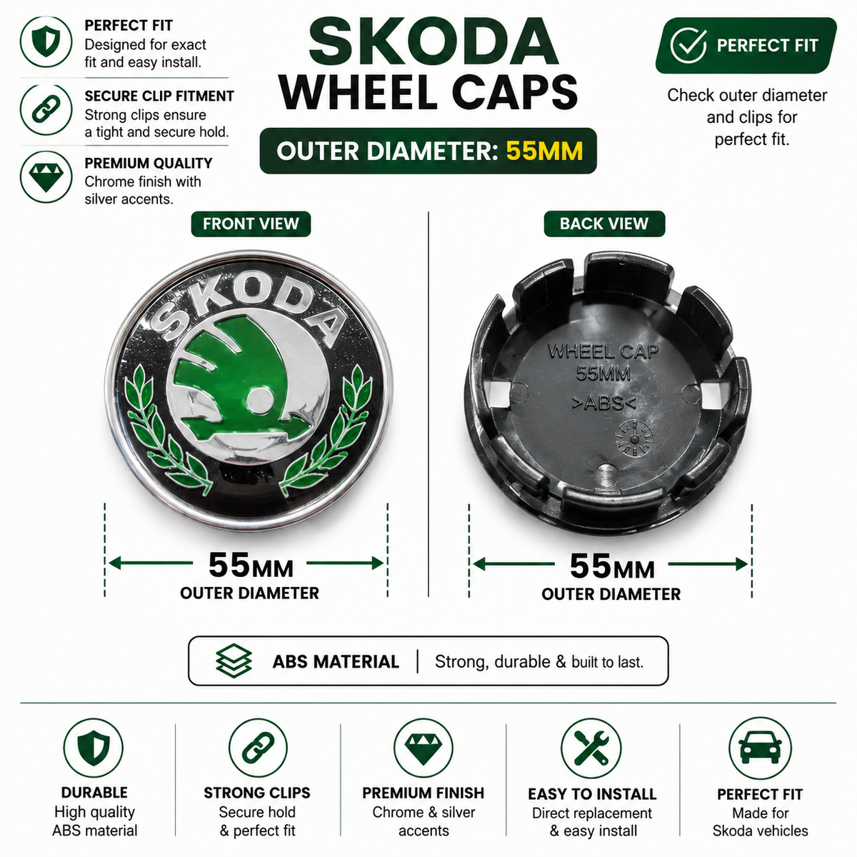 Skoda Wheel Caps | Outer Diameter 55-mm