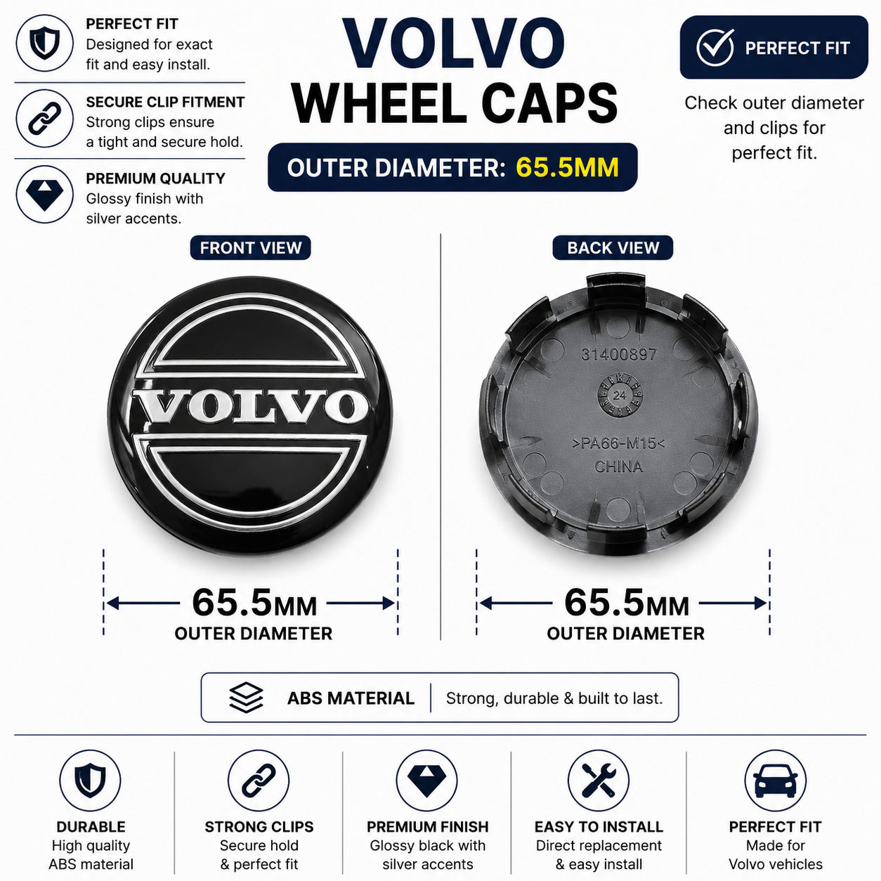 VOLVO Wheel Caps Set of 4 | Outer Diameter 65.5-mm