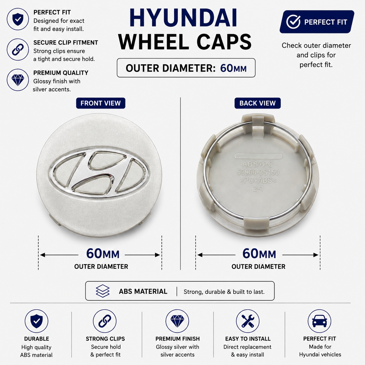 Hyundai Wheel Caps | Outer Diameter 60-mm