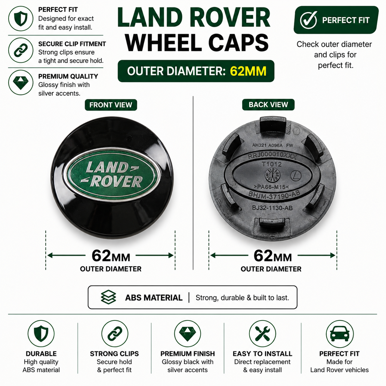 Land Rover Wheel Caps | Outer Diameter 62-mm