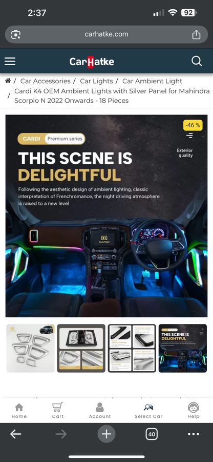 CARDI K4 OEM Ambient Lights With Silver Panel For Mahindra Scorpio N 2022 Onwards- 18 Pieces