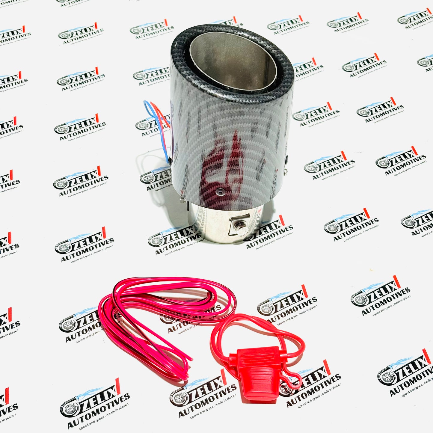 Exhaust Tip Sporty Carbon-Fiber Style finish with LED Glow Effect | Single Outlet with Red,Blue Illumination