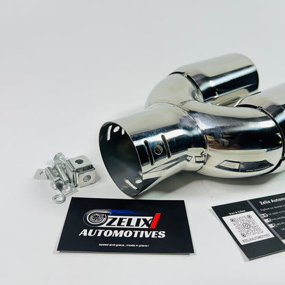 Angled side view showing the polished dual round outlets of the exhaust tip