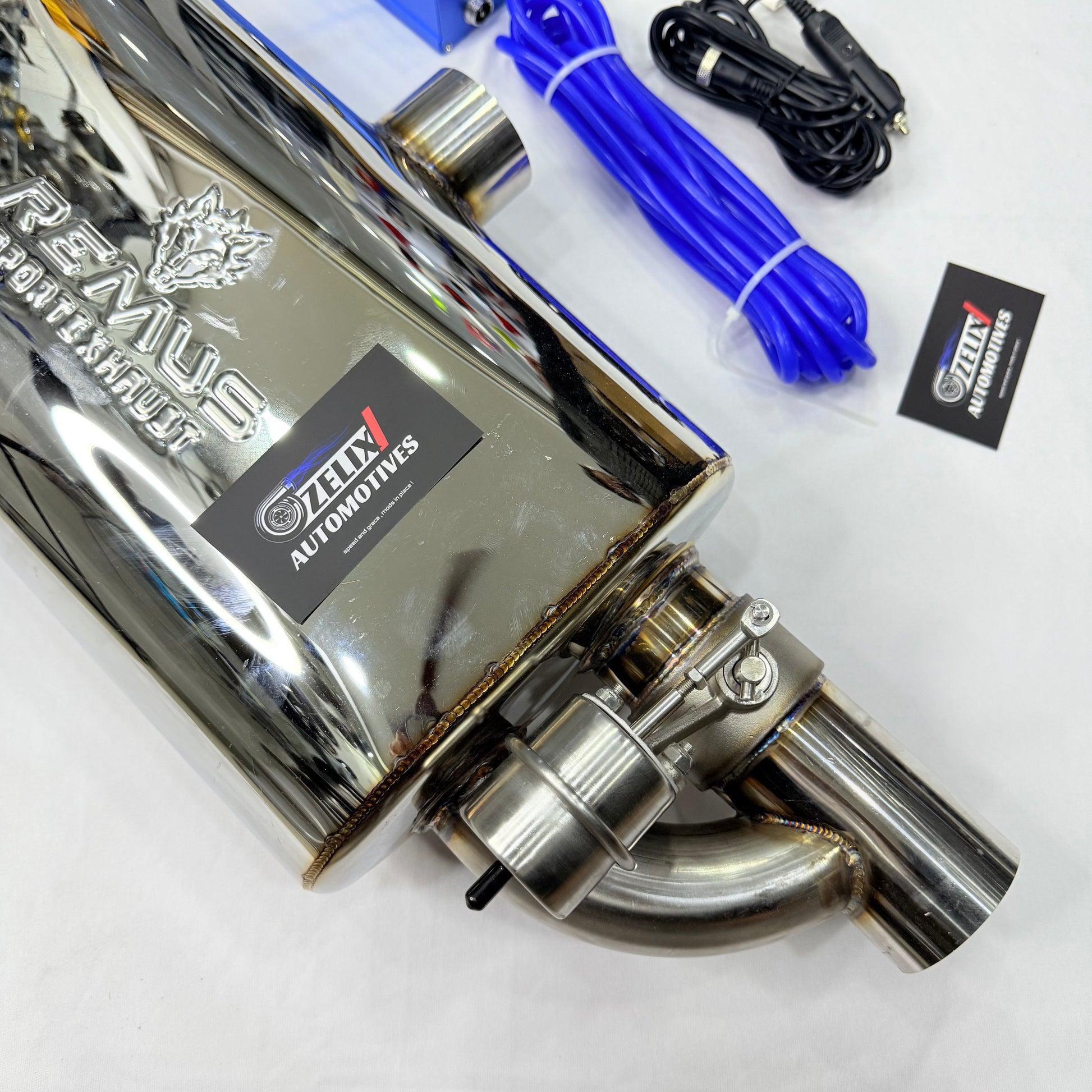 Close-up highlighting the dual valve exit tips and weld detail