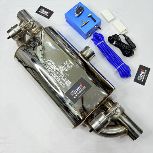 Remus dual valve exit valvetronic exhaust muffler front perspective