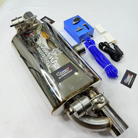 View of the exhaust muffler mounted from a low rear-facing angle