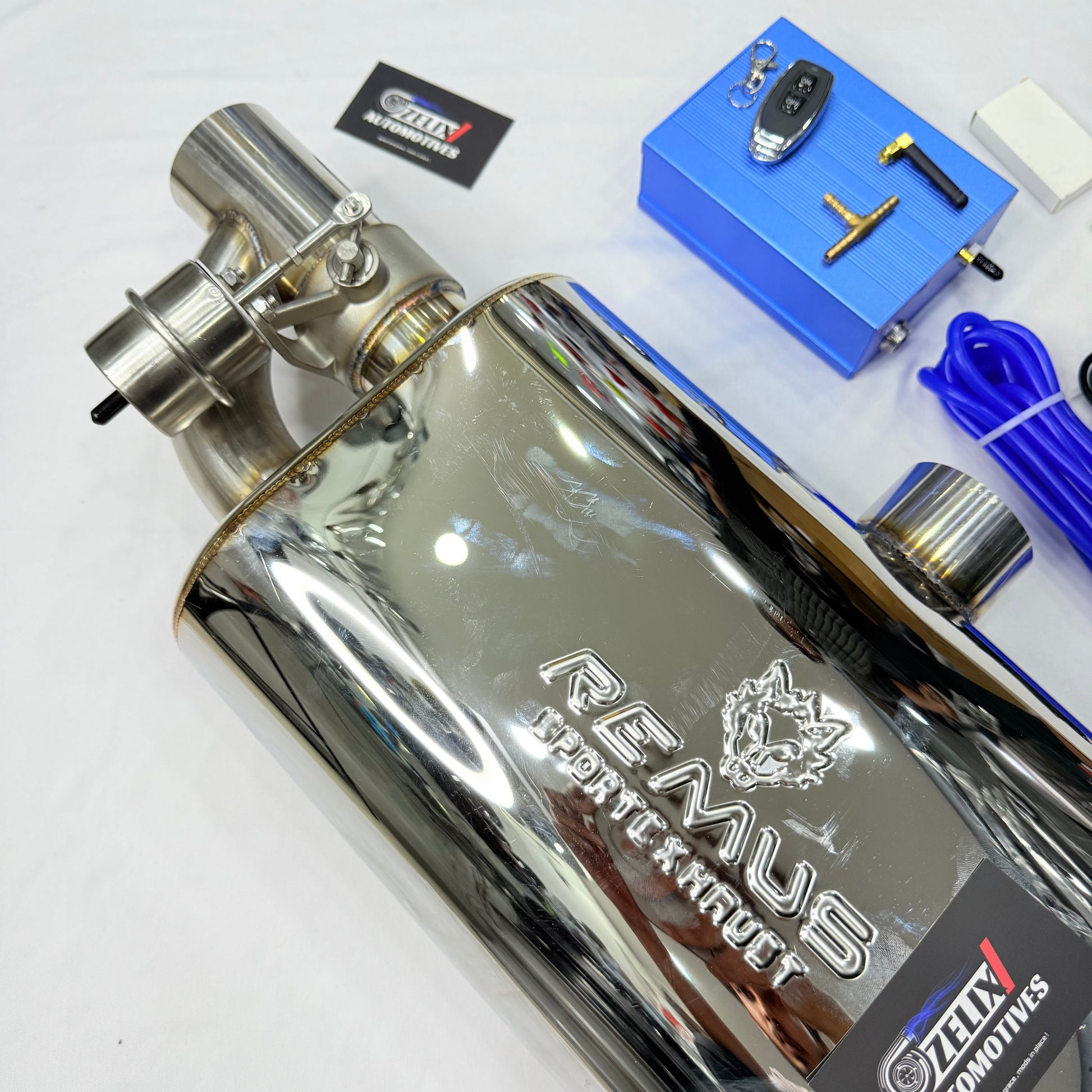 Side profile of Remus valvetronic exhaust showing polished stainless steel finish