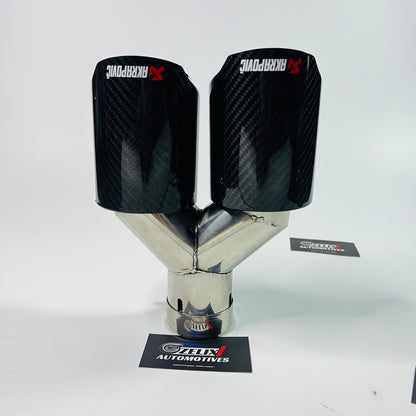 Top view of Akrapovic gloss carbon dual exhaust tip

