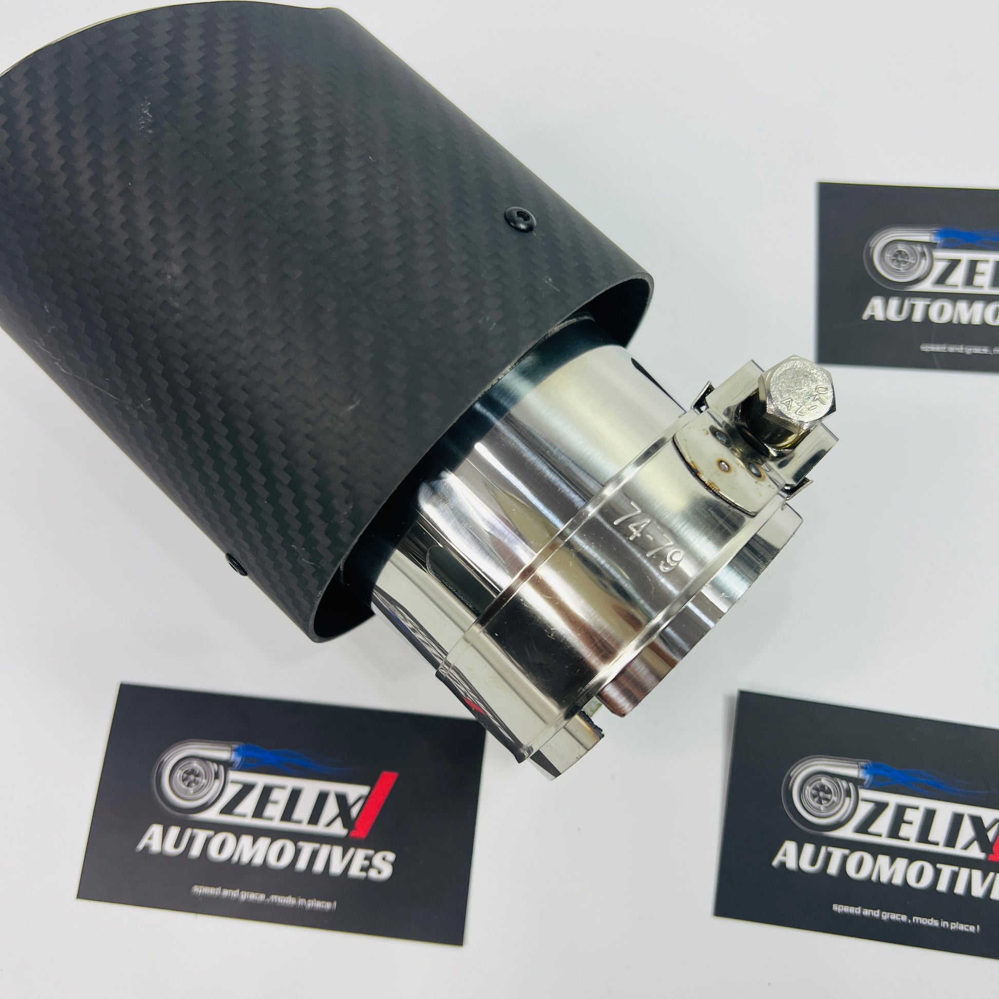 Carbon fiber weave detail on Akrapovic matte single exhaust tip
