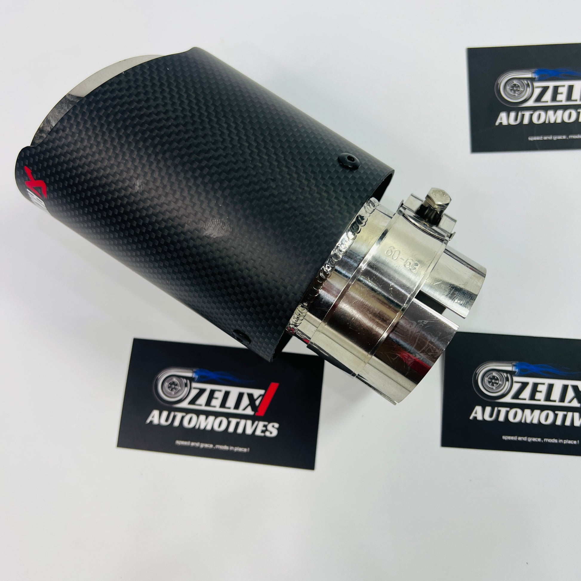 Detail view of texture and bevel on matte carbon exhaust tip