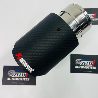 Top view of Akrapovic matte carbon single exhaust tip